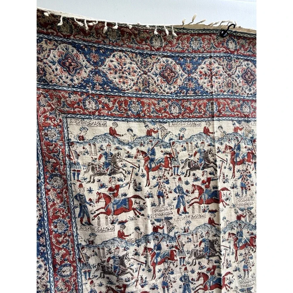 Antique Persian Fringed Cloth Tapestry Qajar Hunting & Polo Scene 52 X 52